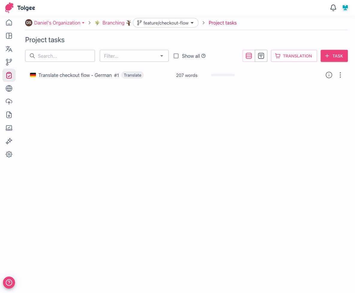 Project tasks page with branch selector showing the active branch